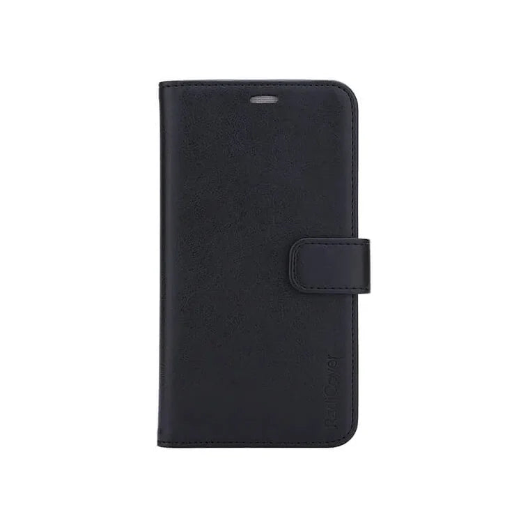 Radicover Fashion Wallet för iPhone 11 Pro Max-svart veganläder, RFID-säker, med magnetlås på vit bakgrund.