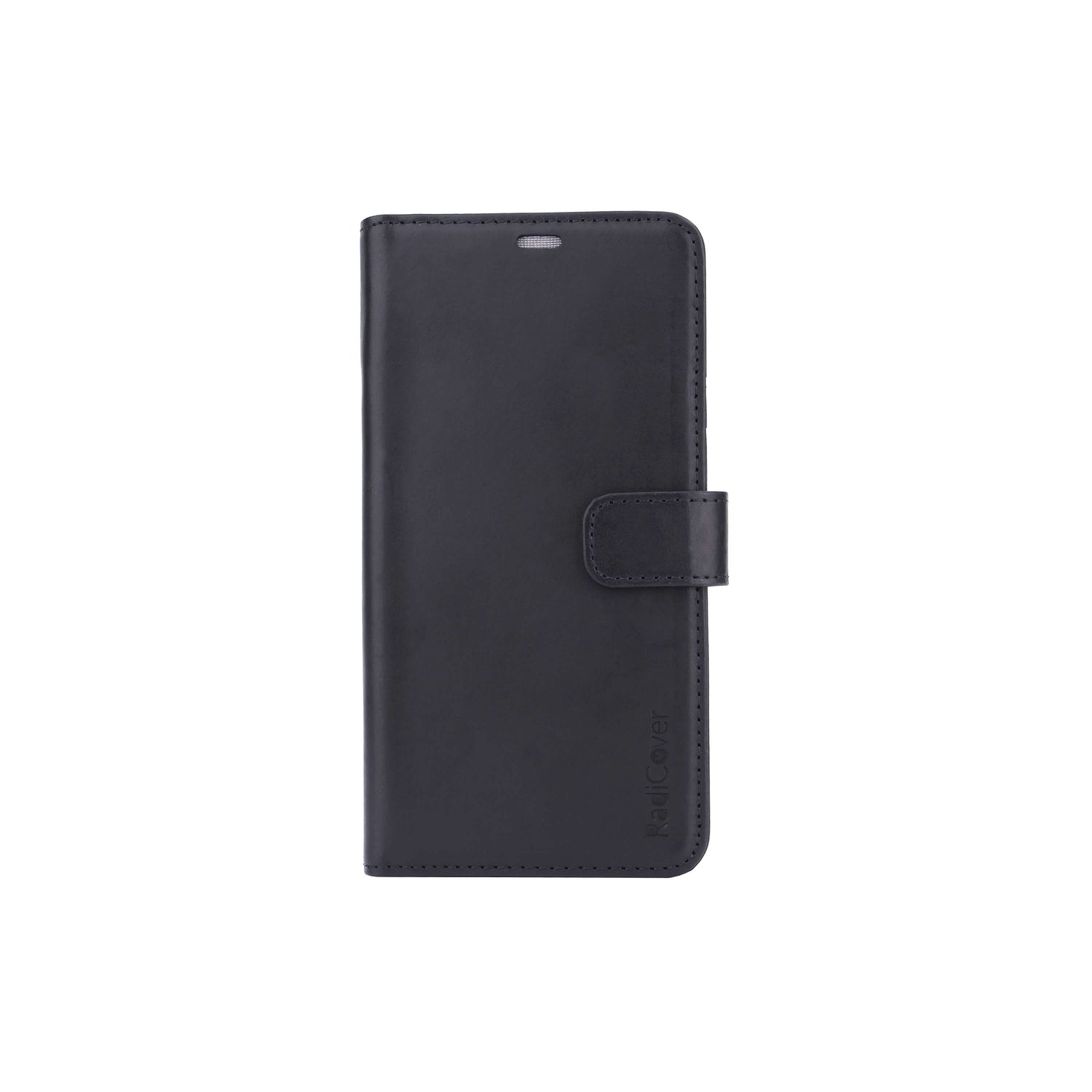 Radicover Exclusive 2-i-1 iPhone Xs Max-fodral i svart läder med magnetlås och RFID, visas på vitt.