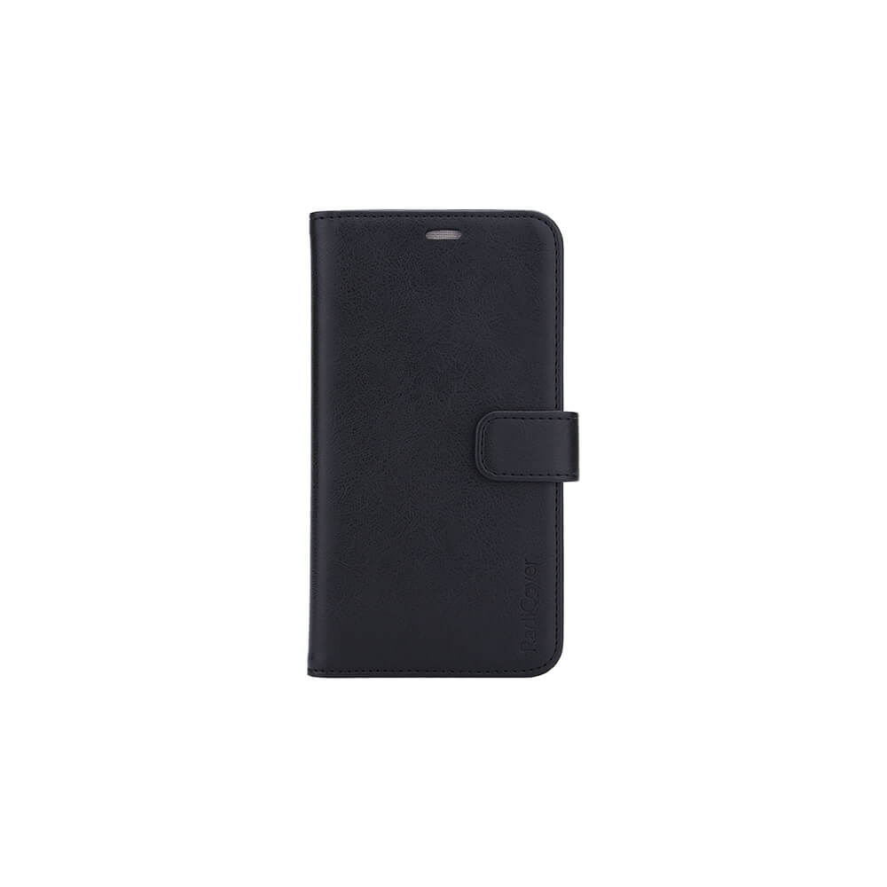 Radicover Fashion Wallet - iPhone 11: Svart veganläderfodral med RFID-skydd och magnetisk förslutning, visas stängt.