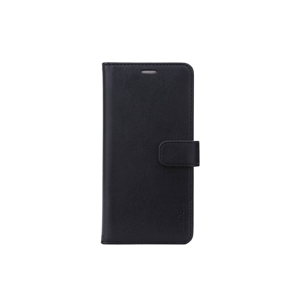 Radicover Fashion Wallet för Samsung Galaxy A51 i svart veganläder, RFID-skyddad med magnetlås, visas stängd.