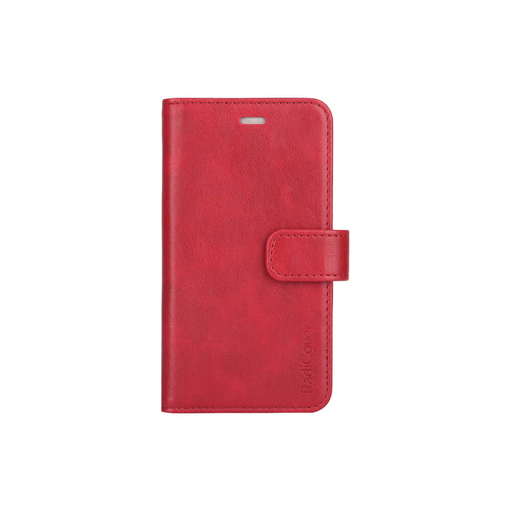 Radicover Fashion Wallet för iPhone 6/7/8/SE i rött veganläder med frontklaff, magnetlås och RFID-skydd.