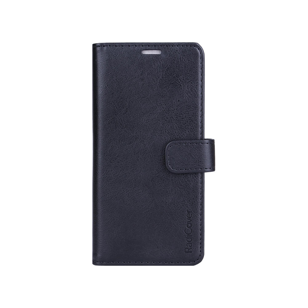 Radicover Fashion Wallet för Samsung Galaxy S21/S30 i svart veganläder, försedd med magnetlås på vit bakgrund.