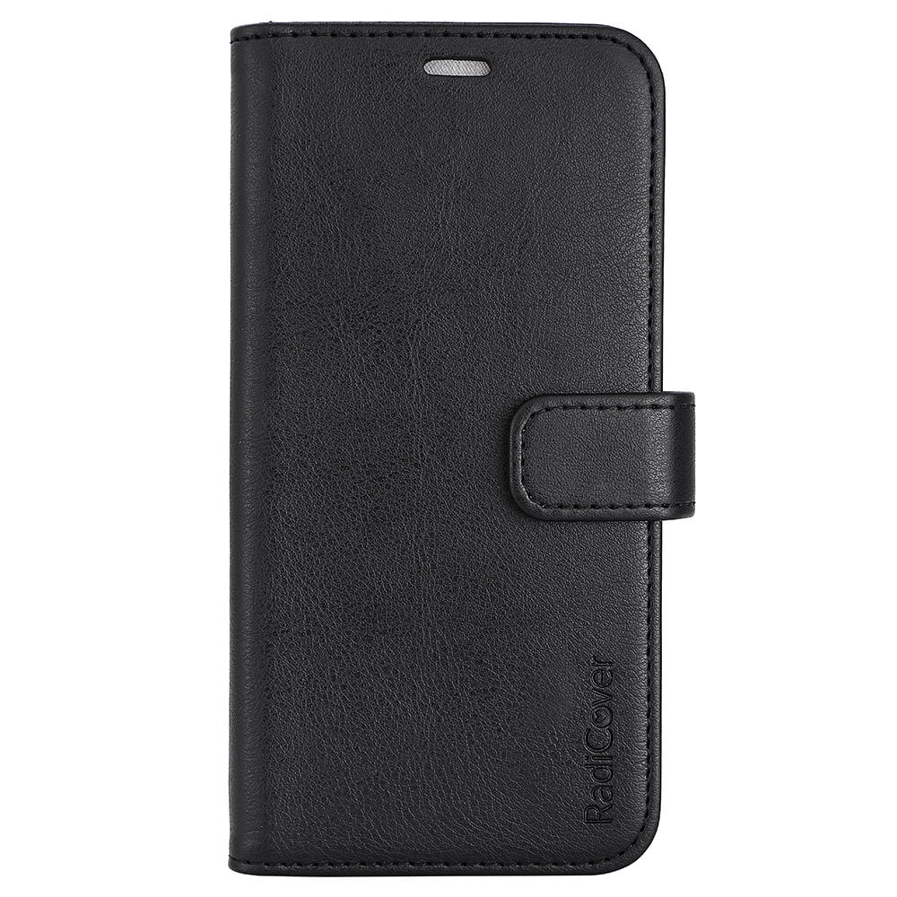 Radicover Fashion Wallet för iPhone 13/14: svart veganläderfodral med magnetlås och anti-strålningsteknik.