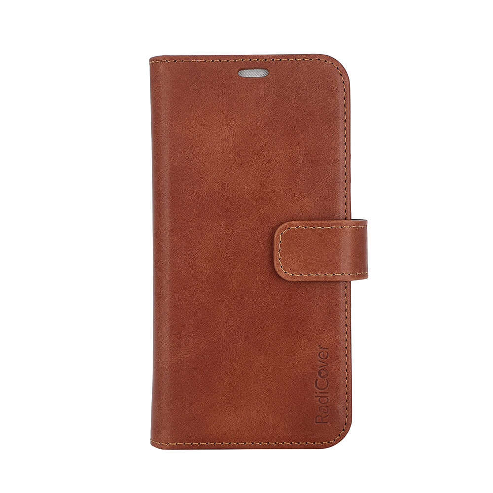 Radicover Exclusive 2-in-1 iPhone 15-fodral: brunt fullnarvsläder, RFID, magnetlås, sydda kanter.
