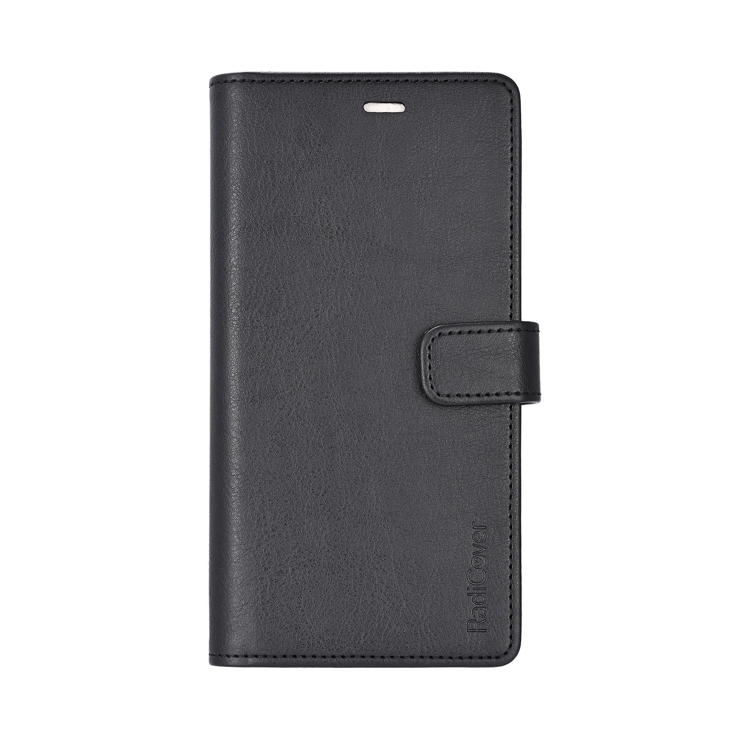 Radicover Fashion Wallet för Samsung Galaxy S25 5G i svart veganläder med RFID-skydd, visas stängd.