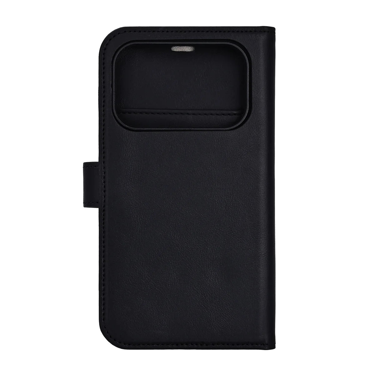 Radicover Exclusive 2-i-1-fodral för iPhone 17/18 Pro: svart läderfodral med RFID-skydd, lock och magnetisk stängning samt kameraöppning.