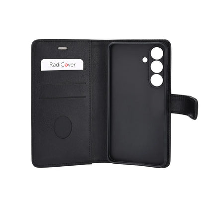 Radicover Fashion Wallet för Samsung Galaxy S26: svart veganläder, RFID-skydd, kamerautskärningar, baksida.