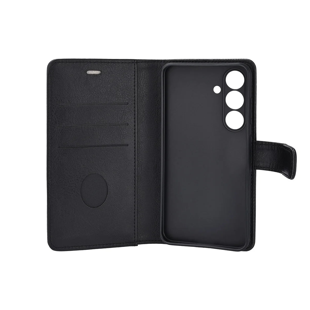 Radicover Fashion Wallet för Samsung Galaxy S26: svart veganläder, RFID-skydd, kamerautskärningar, baksida.